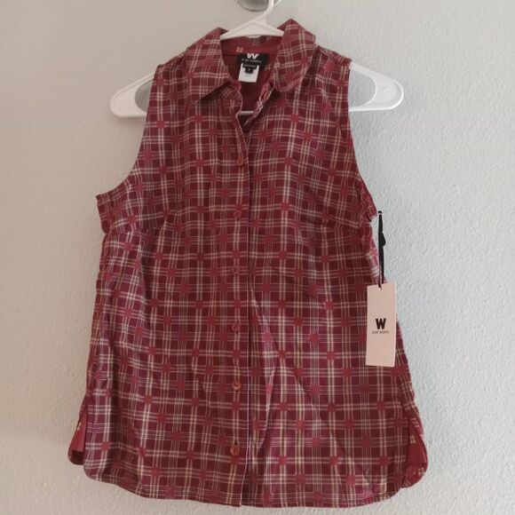 W By Worth Button Up Shirt Women's 2 Rust Plaid Sleeveless Reversible Blouse New - Picture 2 of 8
